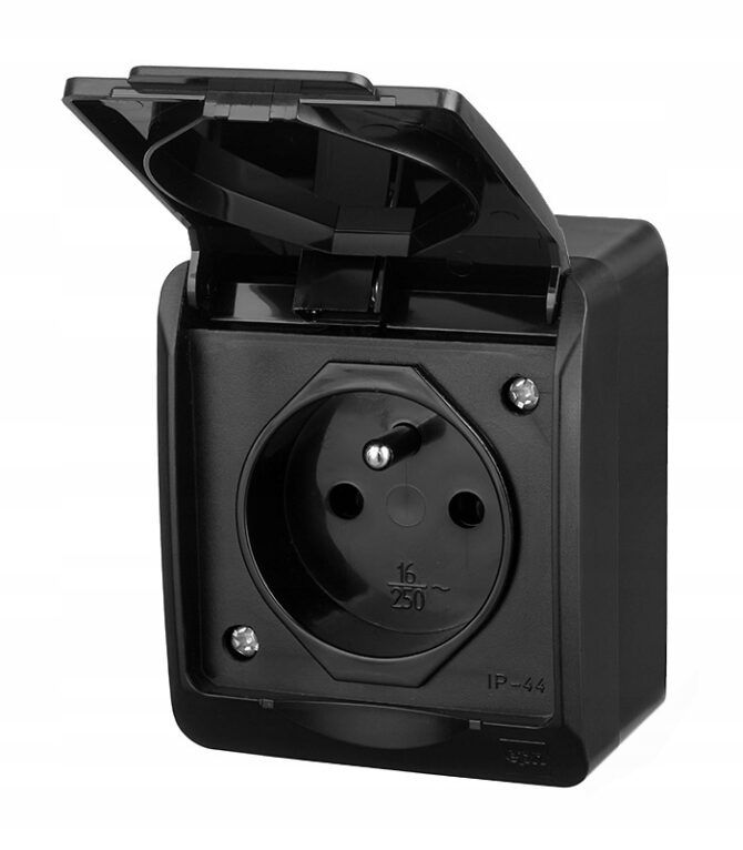 HERMES CZARNY GNIAZDO NT 1X Z/U Z KLAPKĄ 2P+Z IP44 ZACISKI ŚRUBOWE 16A 250V
